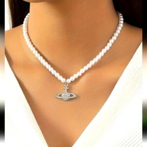 Stunning Faux Pearl W/Planet Pendant New in Packaging Cubic Zirconia & Stainless
